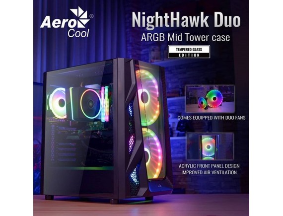 Aerocool NightHawk Duo ARGB Tempered Glass Mid Tower E-ATX Gaming Case